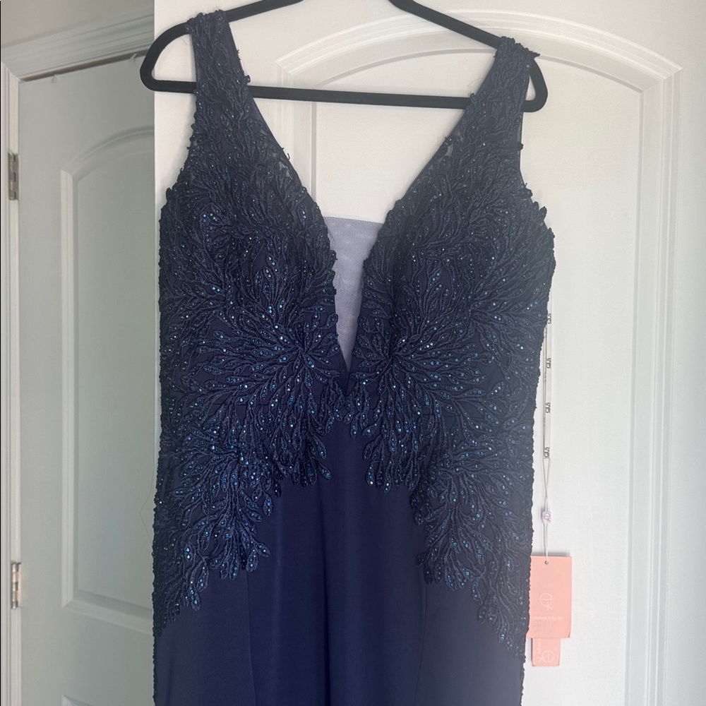 Elizabeth K by gls formal blue gown with gorgeous detail.